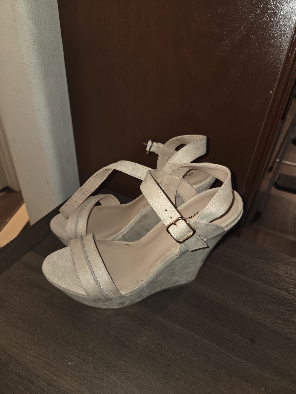 Call It Spring Taupe Suede Wedge Sandals with Ankle Strap